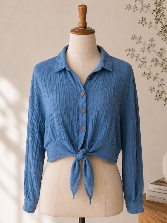Free People Tops - Free People Blue Gauze Tie Front Button Up Top Oversized Boho Cotton S